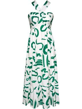 Women's Maxi Dress White Green Halter Neck Sleeveless A LINE Summer Comfort Soft
